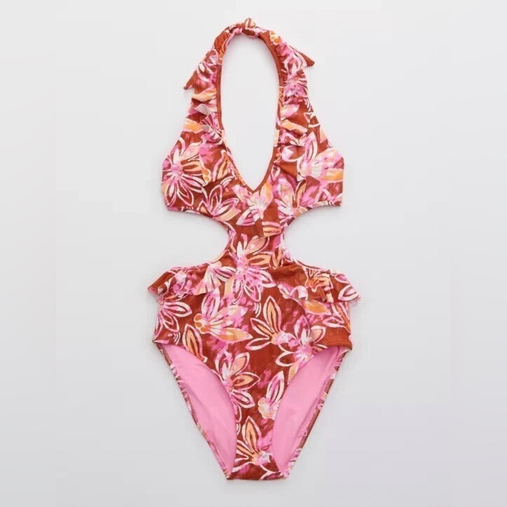 Women's Size S Aerie Ruffle Halter 1 One Piece Bikini Swimsuit Floral Pink NWT